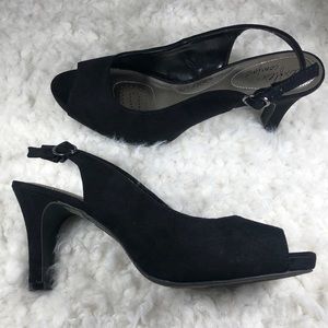 Black faux suede heels with peep toe